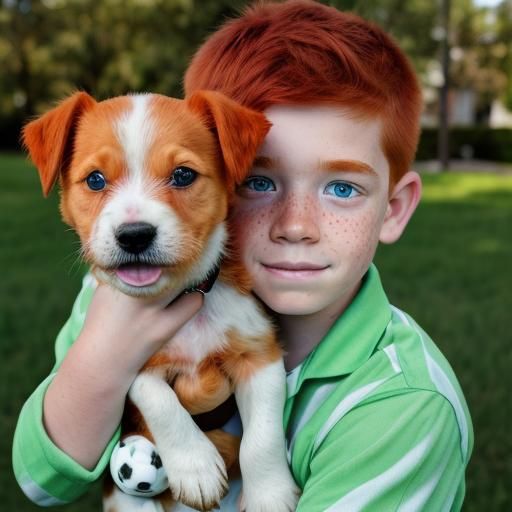 Red-Haired Boy with Puppy Portrait