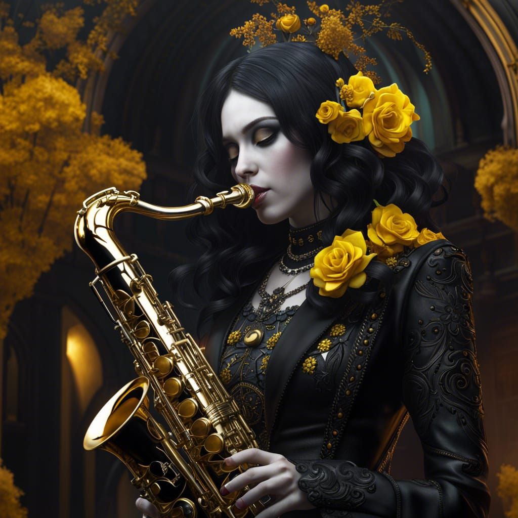 A goth girl playing on saxophone.