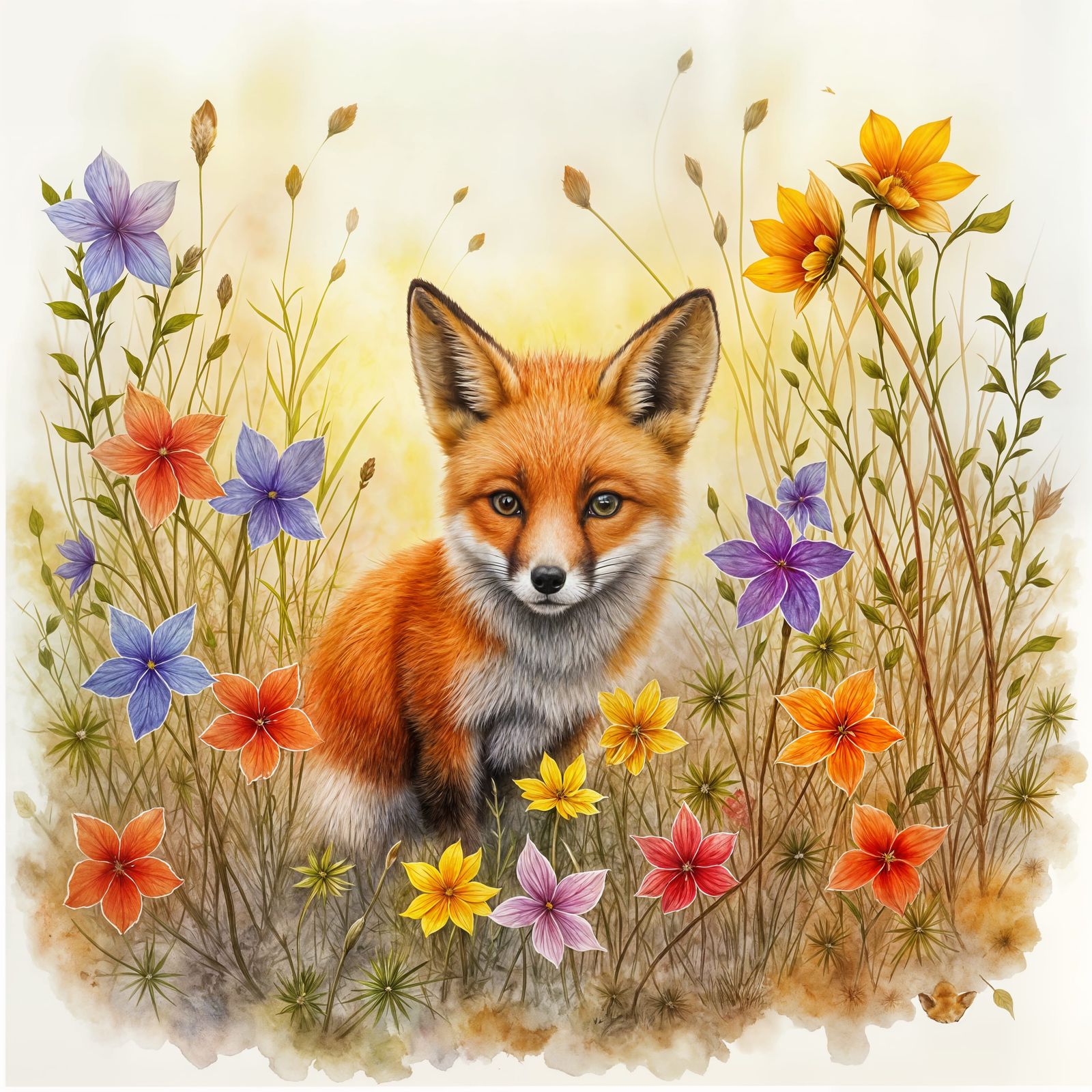 Young Fox Hides in Wildflowers During Autumn