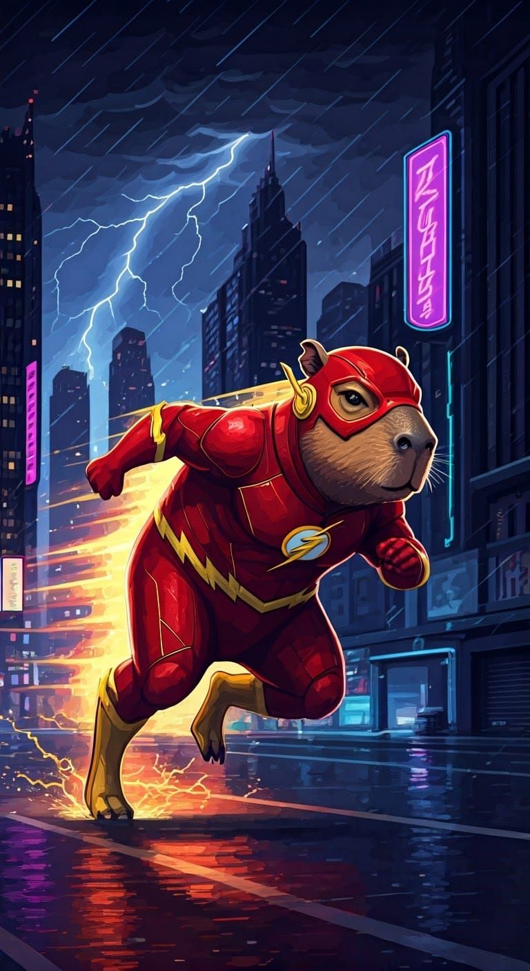 Pixel Art Capybara as The Flash Zooms Through Neon City