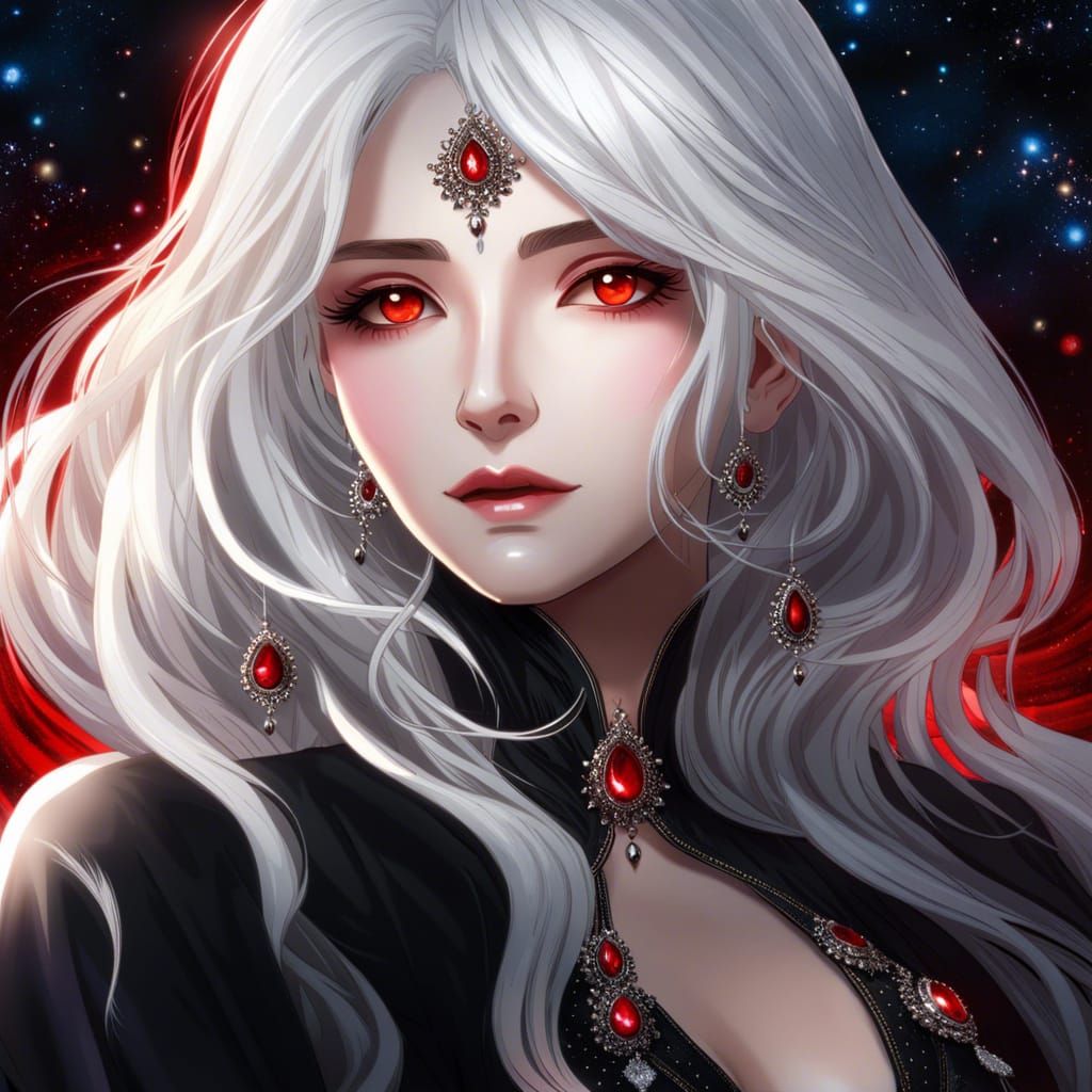 Anime Woman with Flowing White Hair and Red Eyes