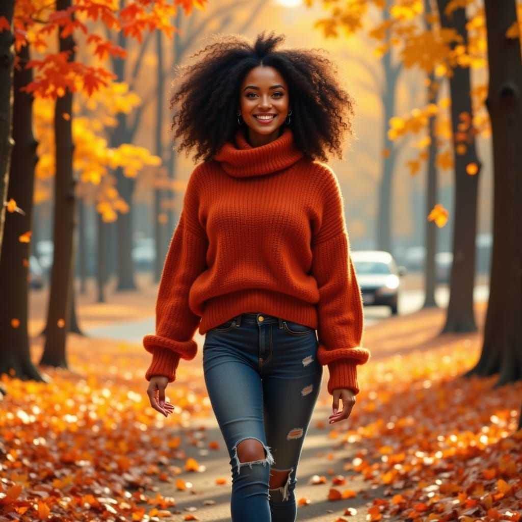 Woman Enjoying Autumn Park in a Leaf Whirlwind