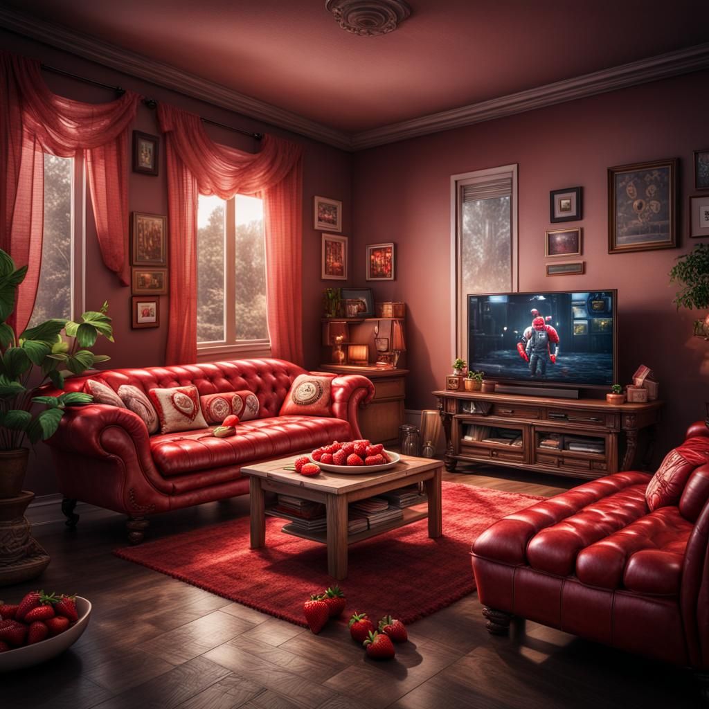 Hyperrealistic Living Room with Strawberry Couch