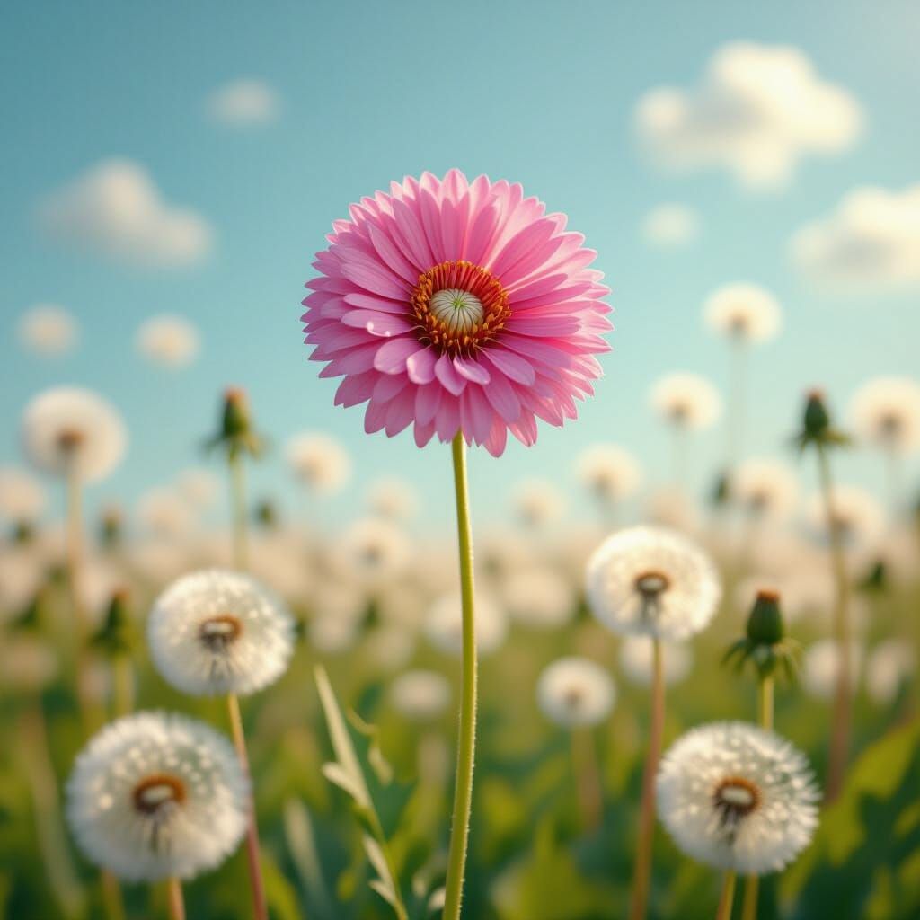 Vibrant Pink Dandelion Glows in Dreamy Field
