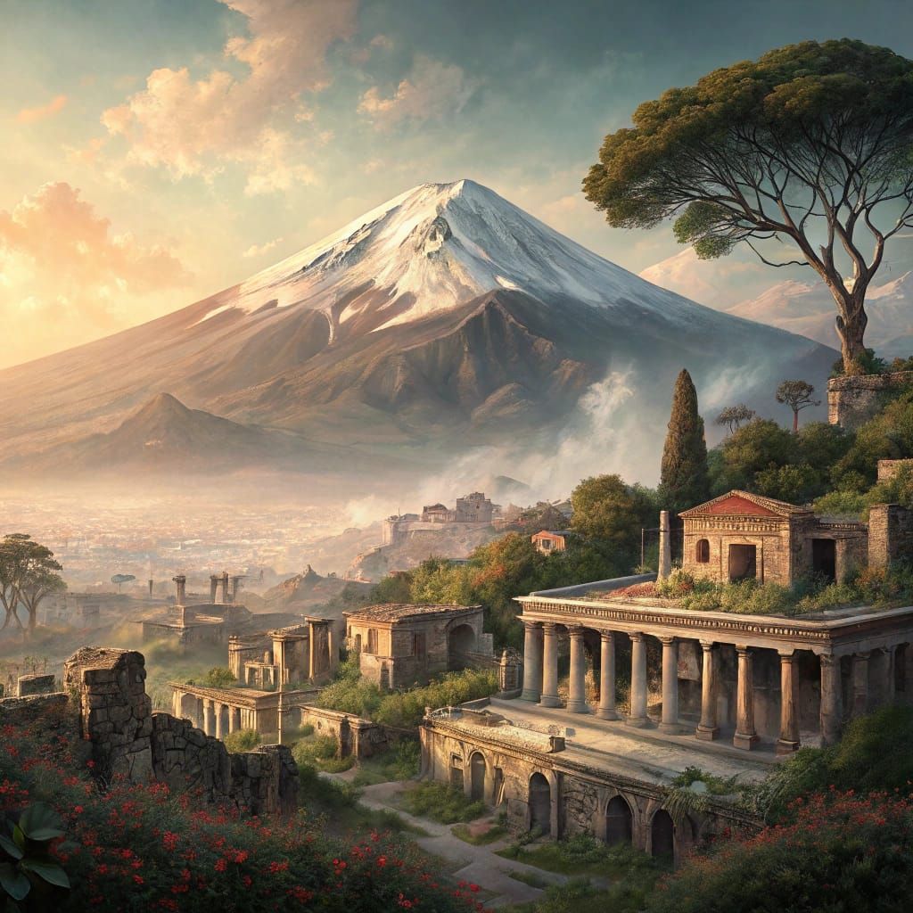 Misty Pompeii Cityscape with Mount Vesuvius