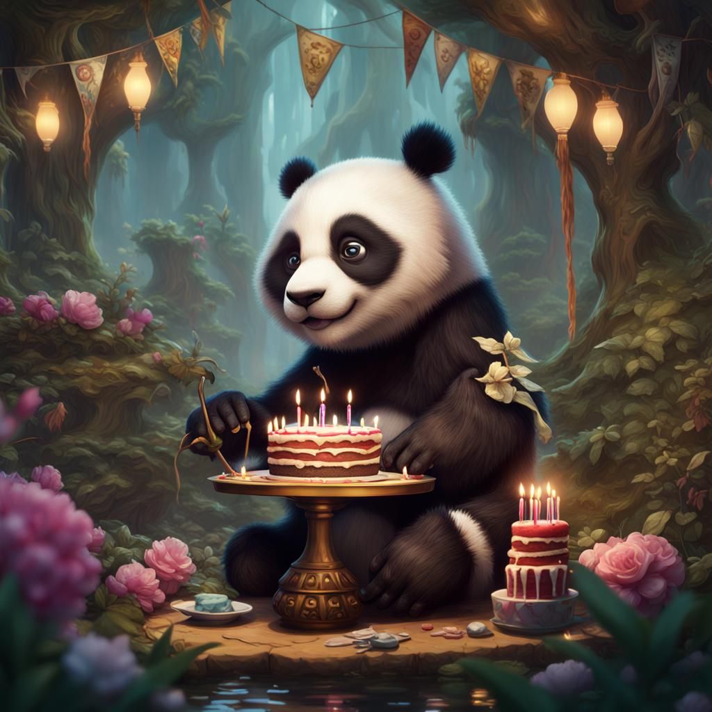 Panda Birthday Card in Detailed Matte Painting Style