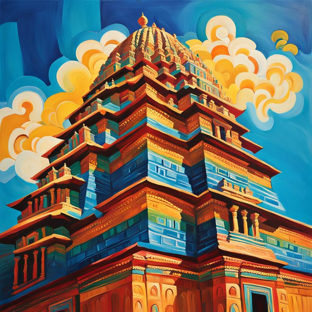 Vibrant Fauvist Temple with Intricate Carvings