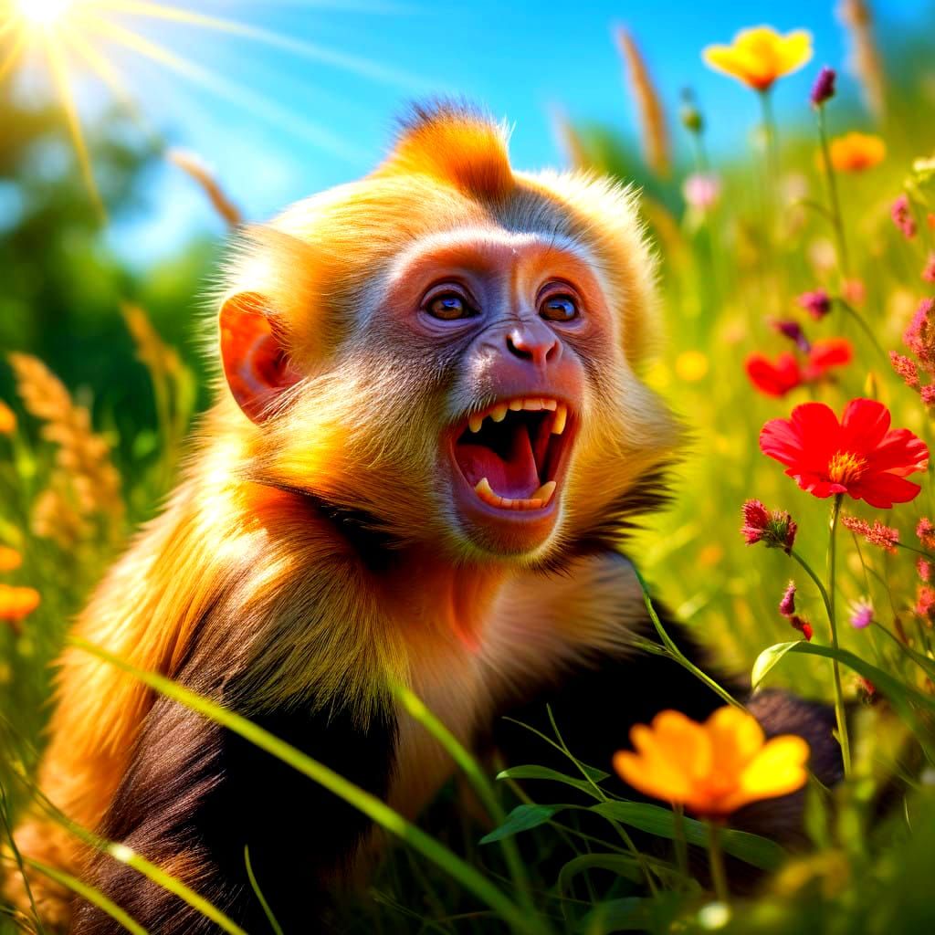 Vibrant Blond Capuchin Plays in Sunlit Blooms