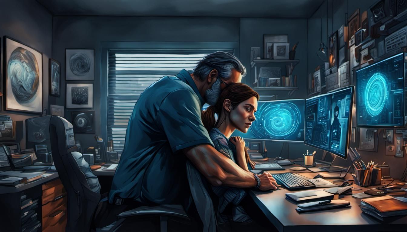 Hyperrealistic IT Worker and Daughter in Home Office