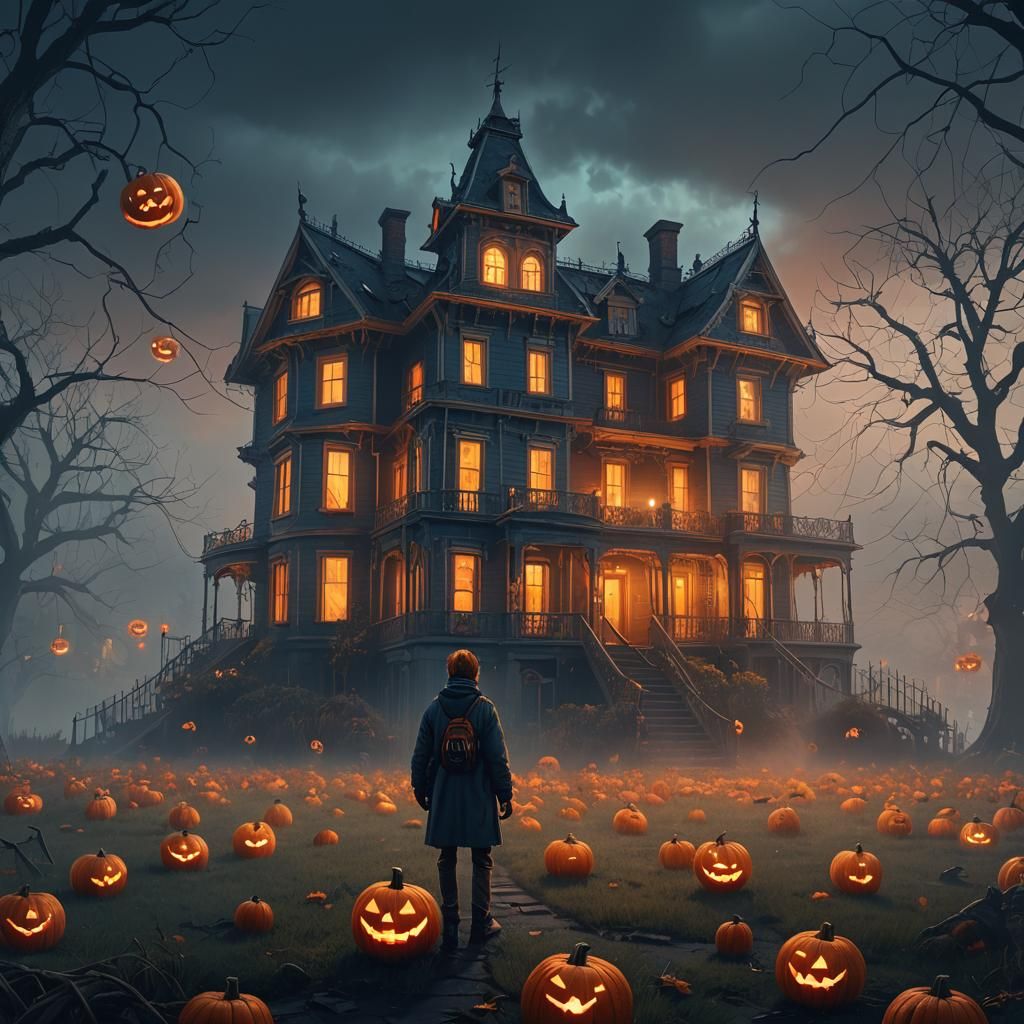 Spooky Trick-or-Treater at Haunted Mansion in the Night