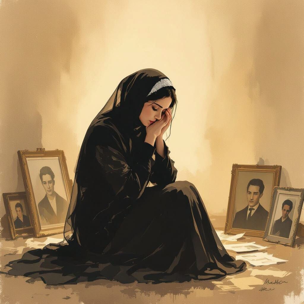 Grieving Mother in Golden Light, Classic Art Style