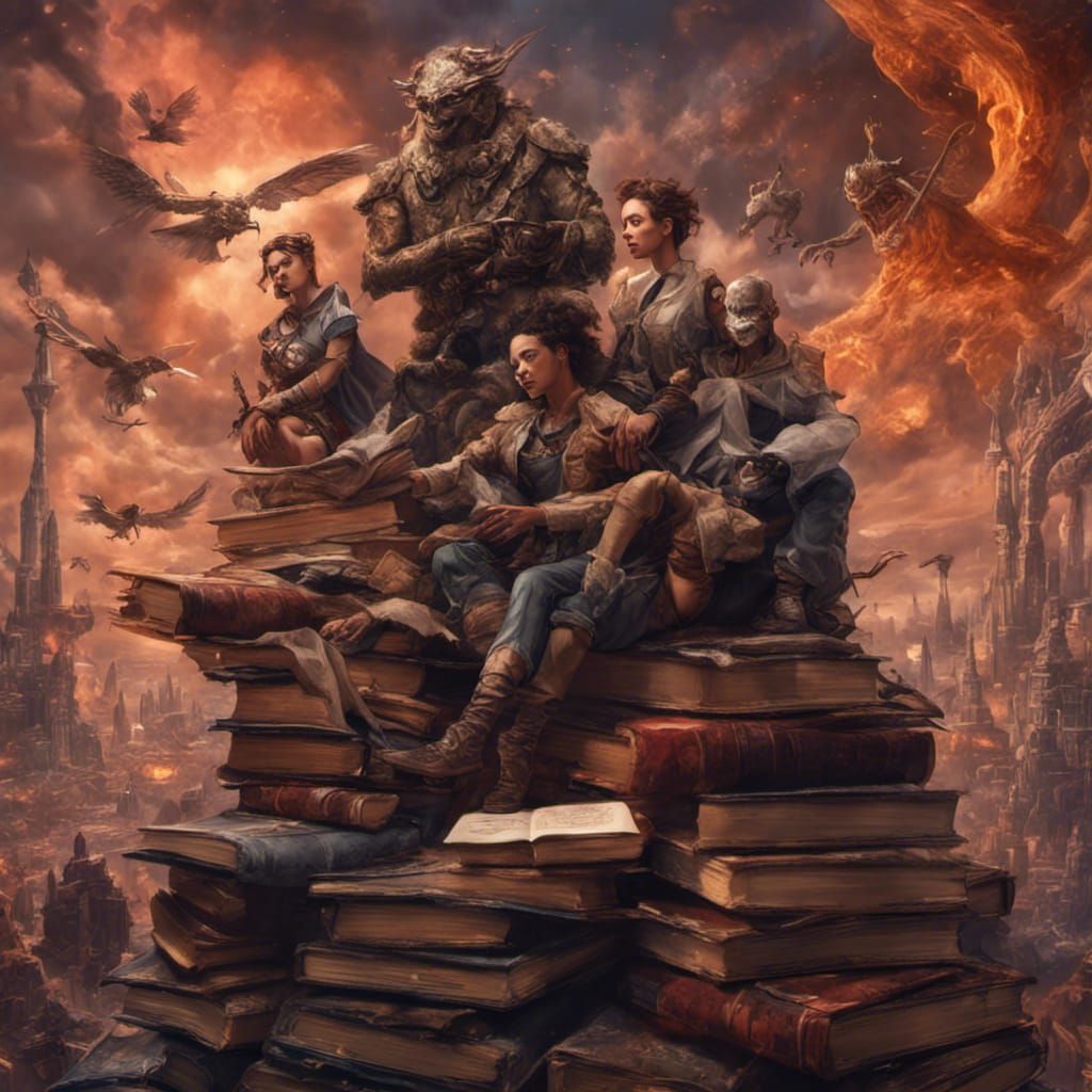 Fantasy Characters Unite on Books, Detailed Matte Painting