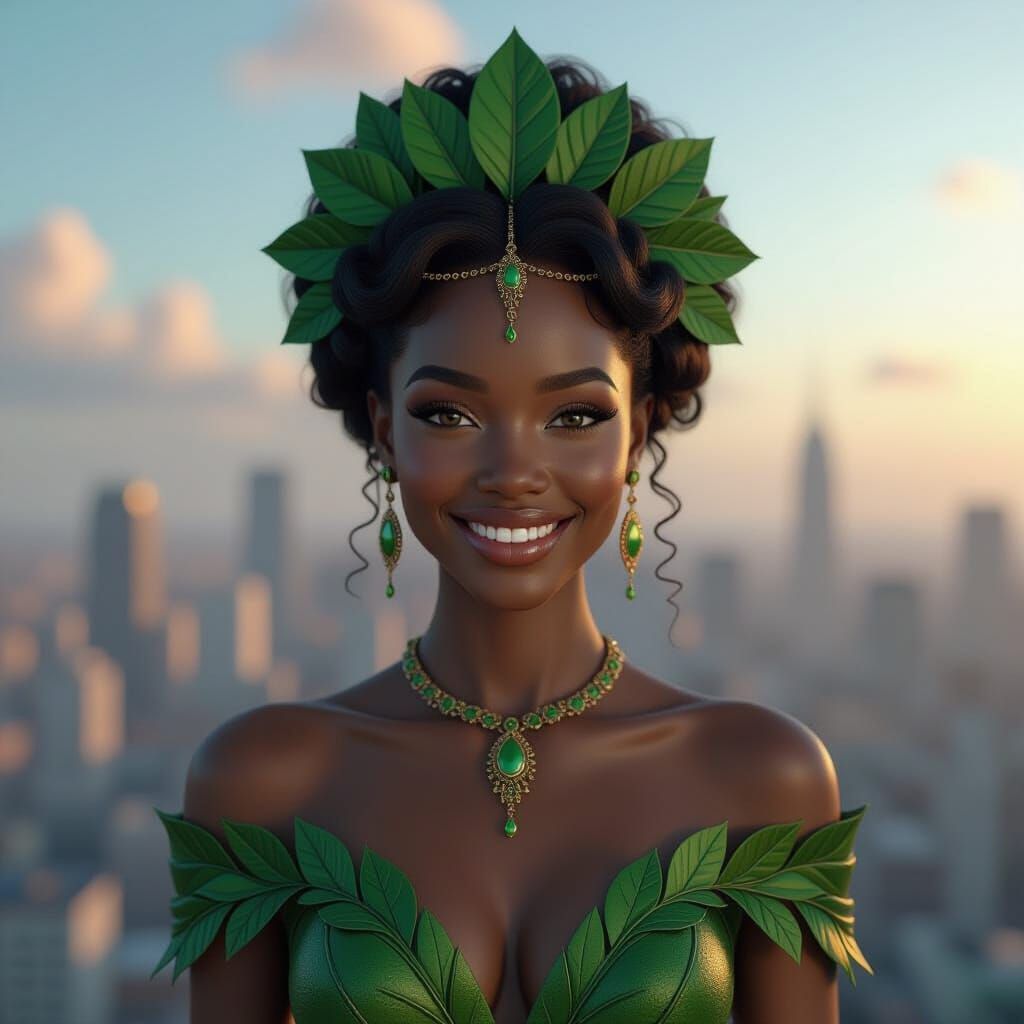 Intricate Green Leaf Dress on Smiling Woman