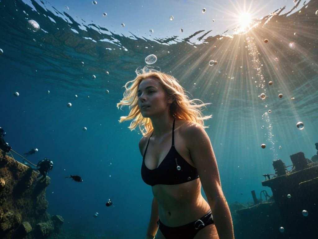Sultry Blonde Diver Swimming Beside Sunlit Shipwreck