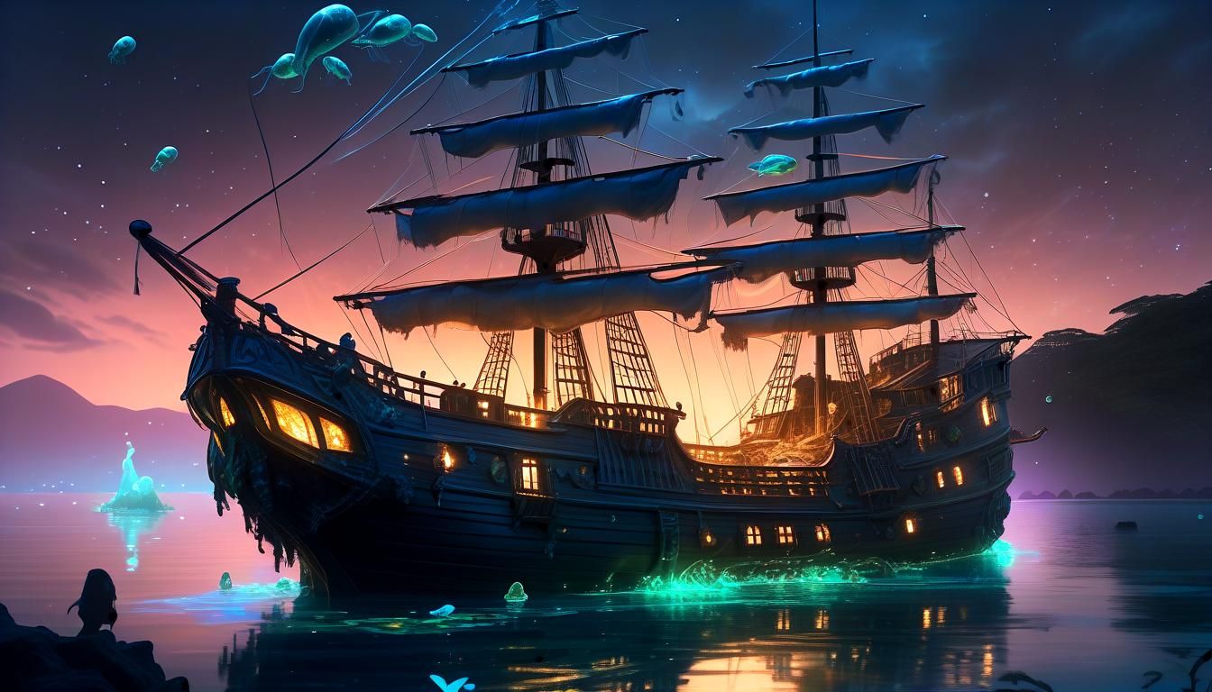 Bioluminescent Pirate Ship in Magical Bay, Digital Art