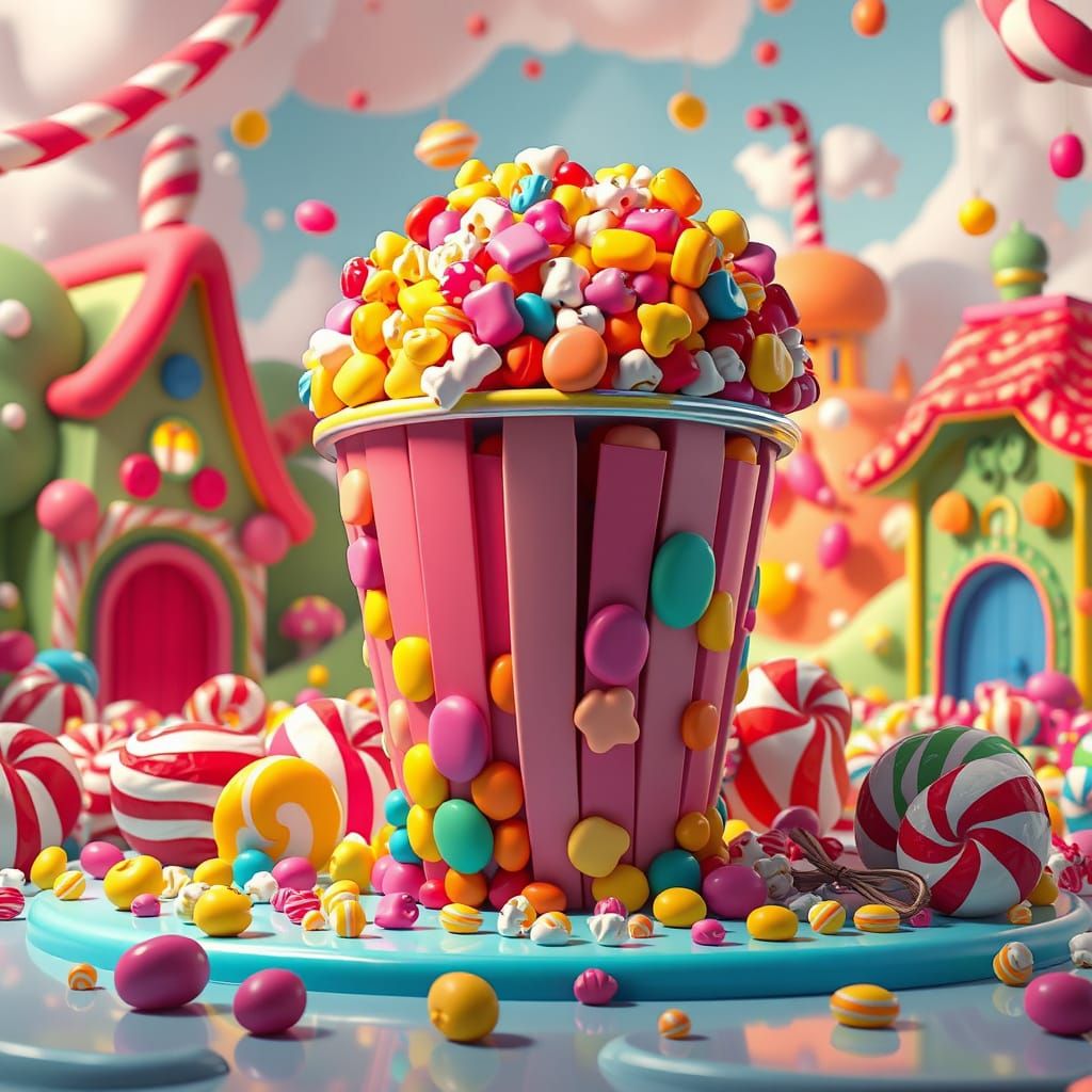 Candy Popcorn Sculpture in Candyland, Digital Illustration
