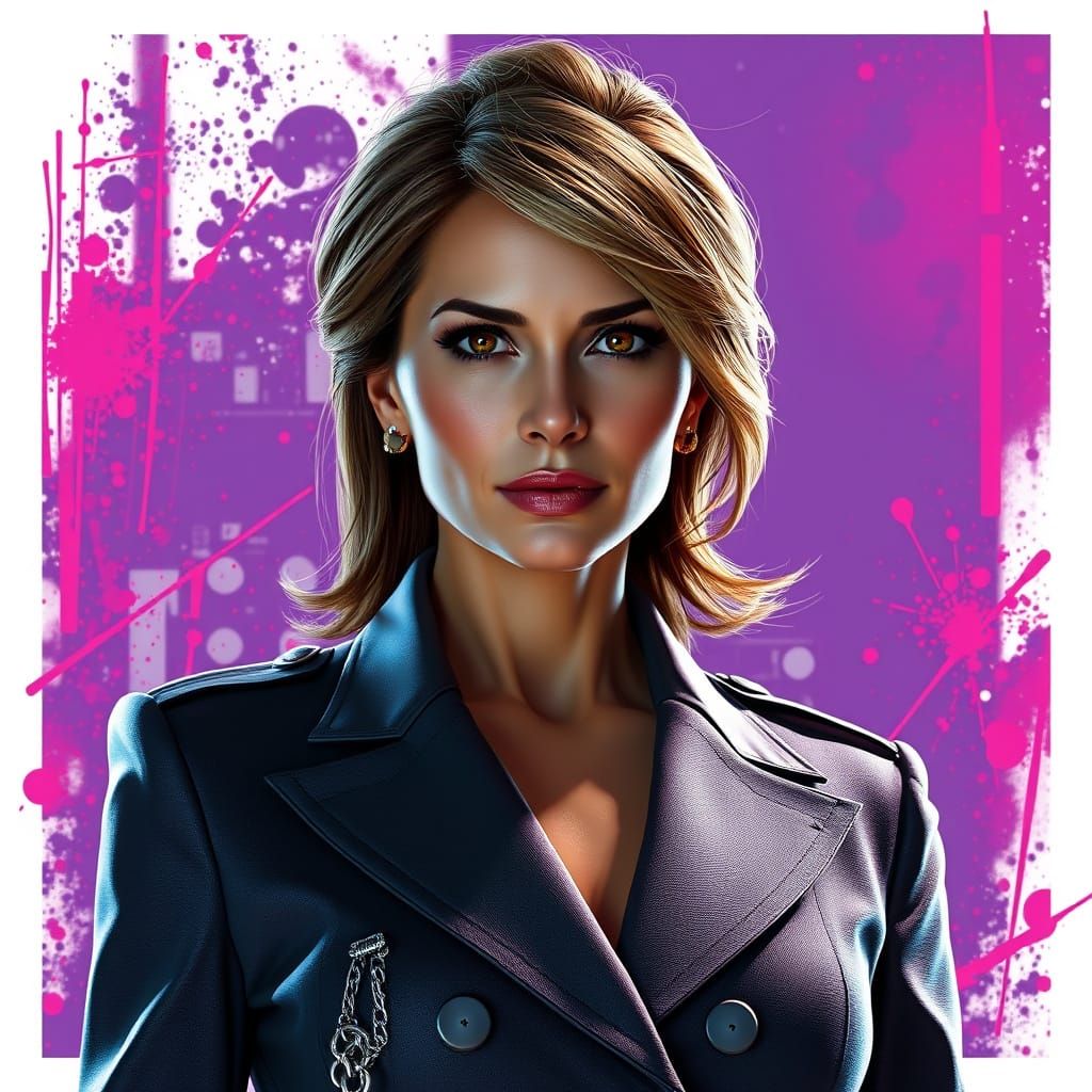 Confident Woman in Military Suit with Neon Splatter