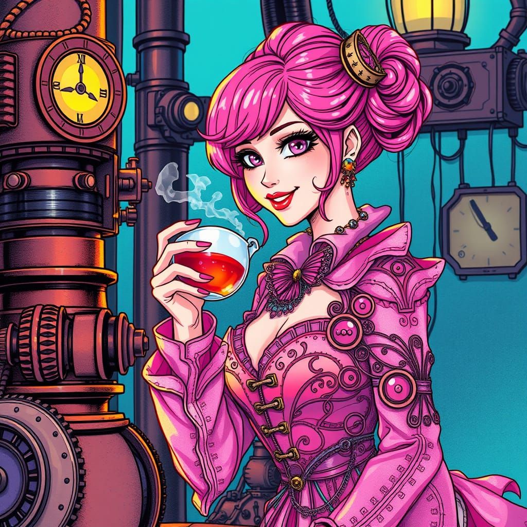 Steampunk Woman Sipping Tea in Alcohol Ink Style