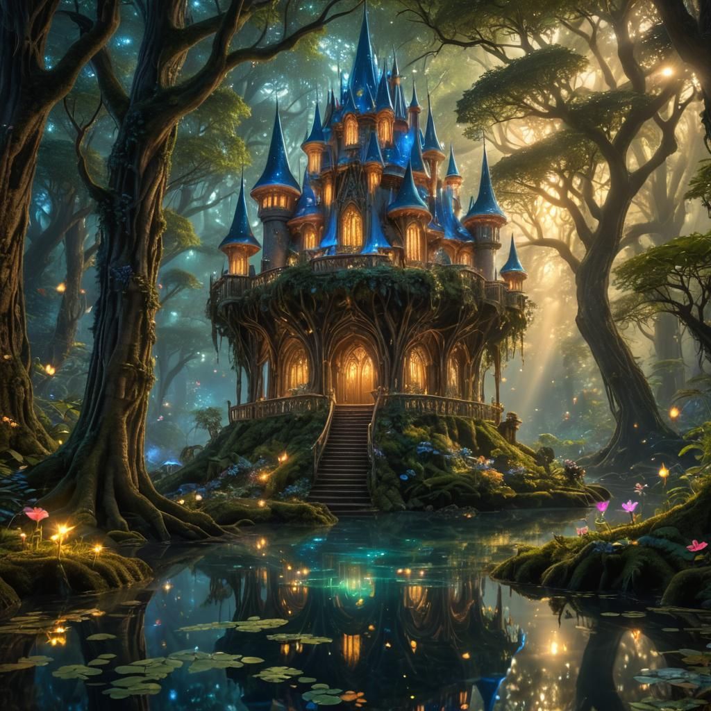 Fairy Palace in Bioluminescent Forest at Dawn