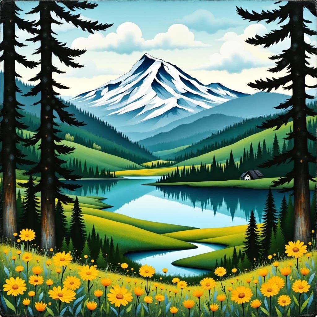 Retro Folk Art Landscape with Bold Color Blocks