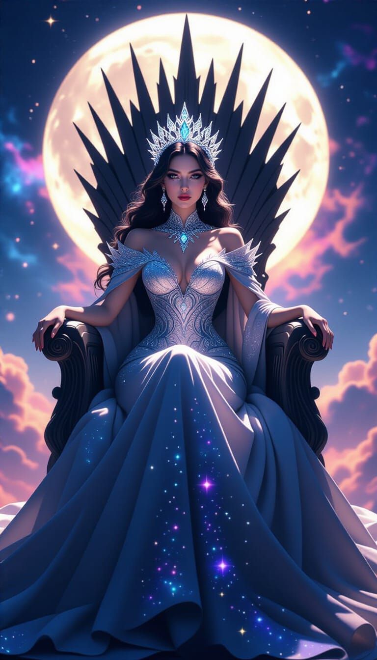 Majestic Queen on Moonlight Throne in Epic Fantasy Style