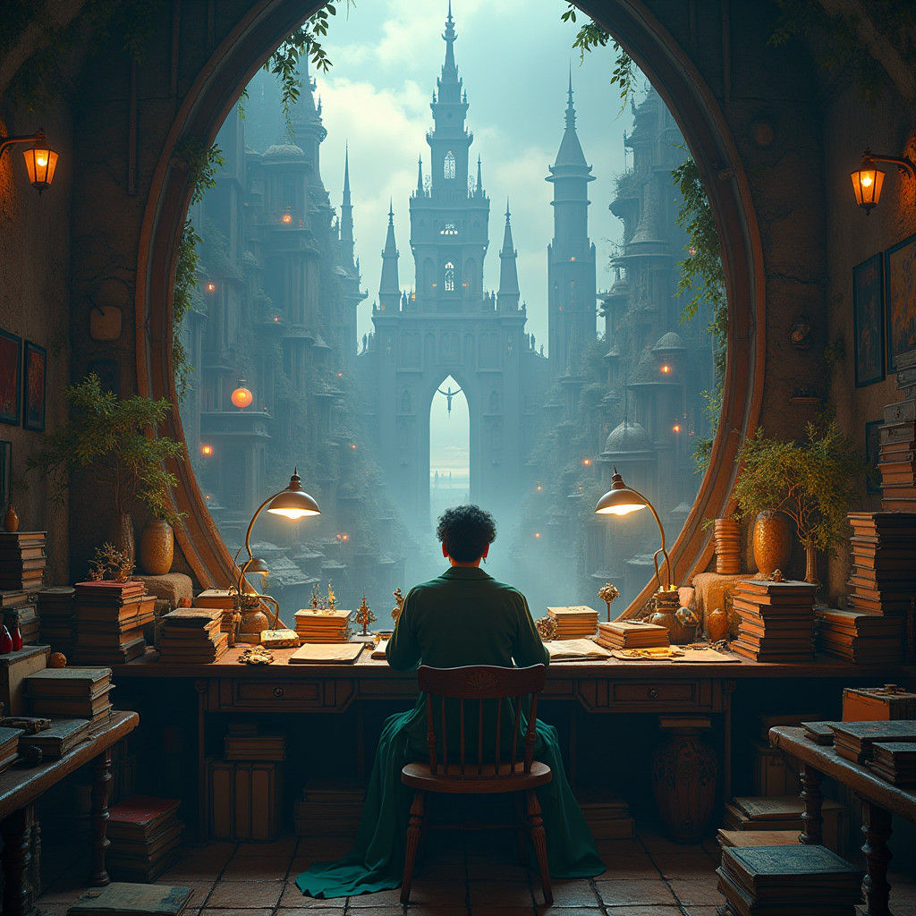 Whimsical Organizer in Mystical Cityscape