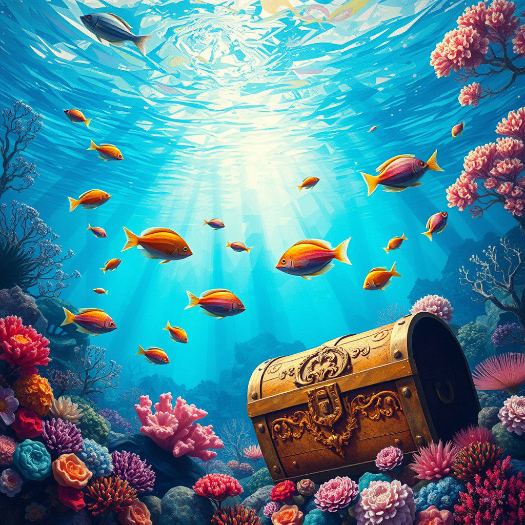 Low-Poly Underwater Treasure in Impressionist Style