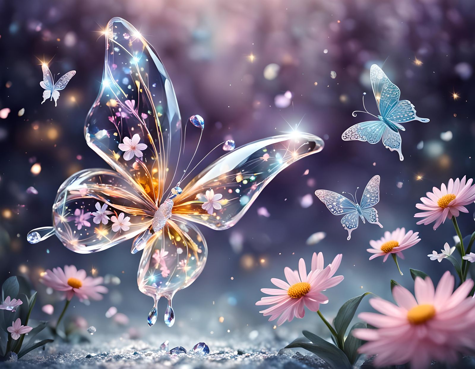 Crystal Butterfly Over Flowers: AI Generated Image