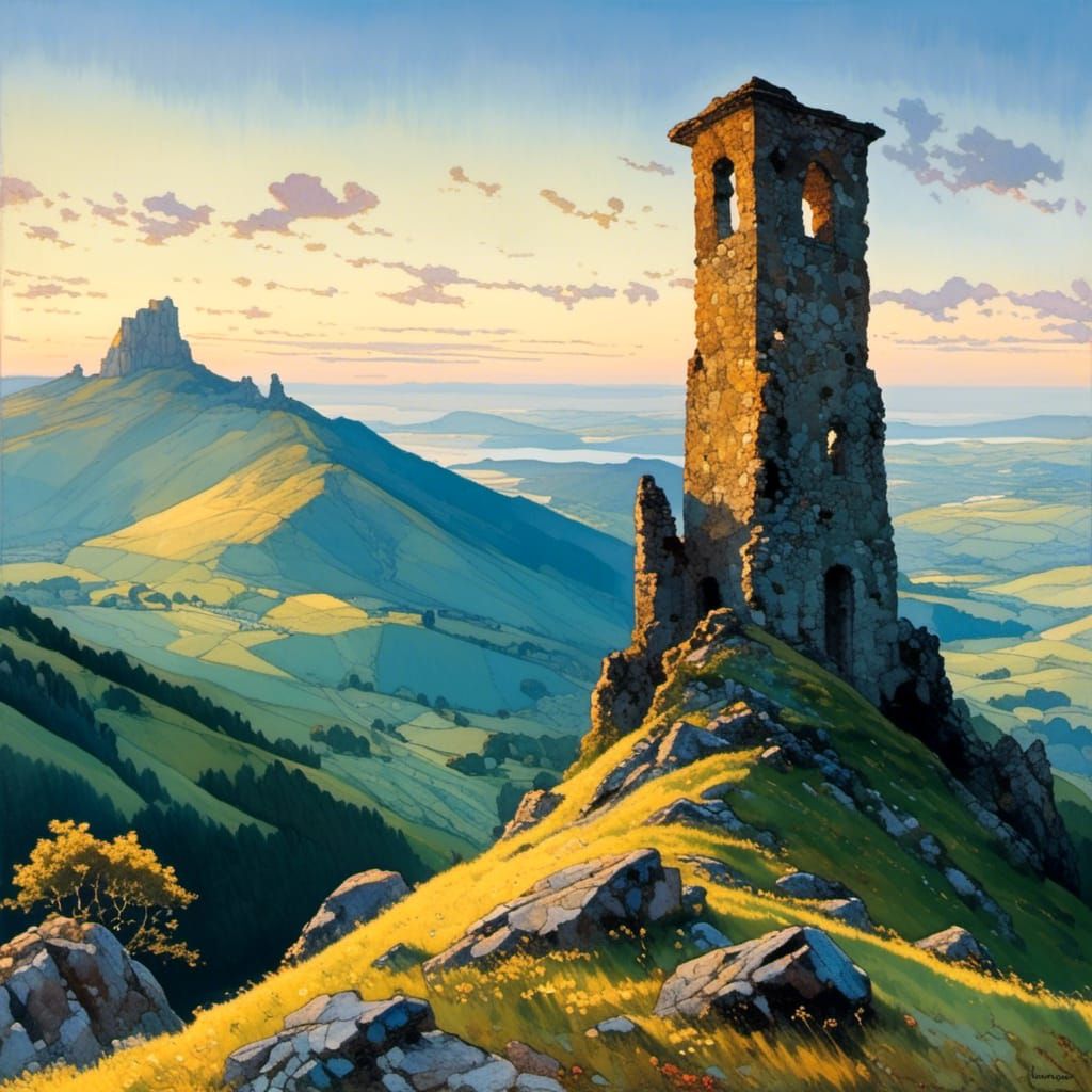 Mountain Tower at Sunset in Pointillist Style