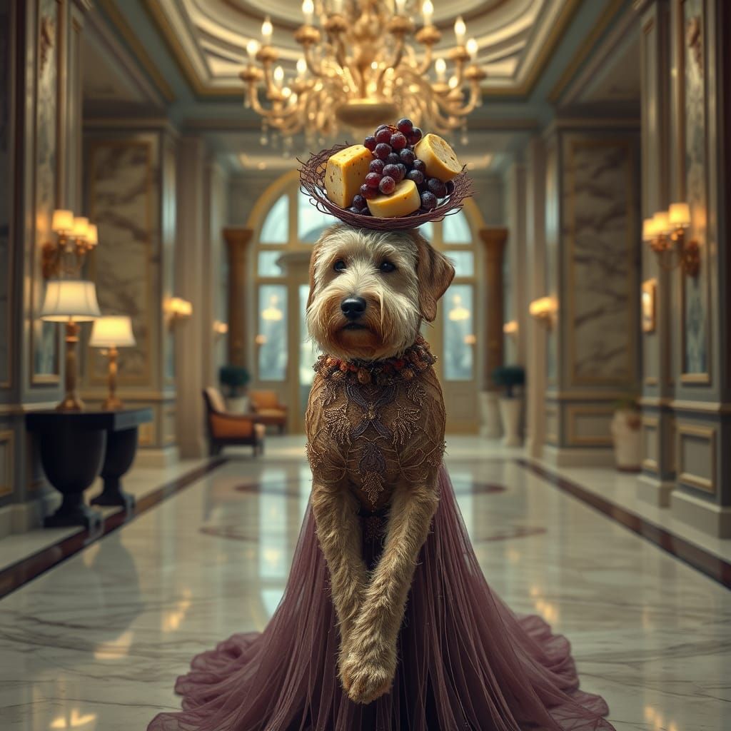 Elegant Dog in String Dress and Cheese Hat