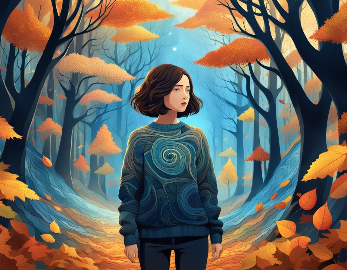 Woman in Autumn Forest with Zentangle Patterns