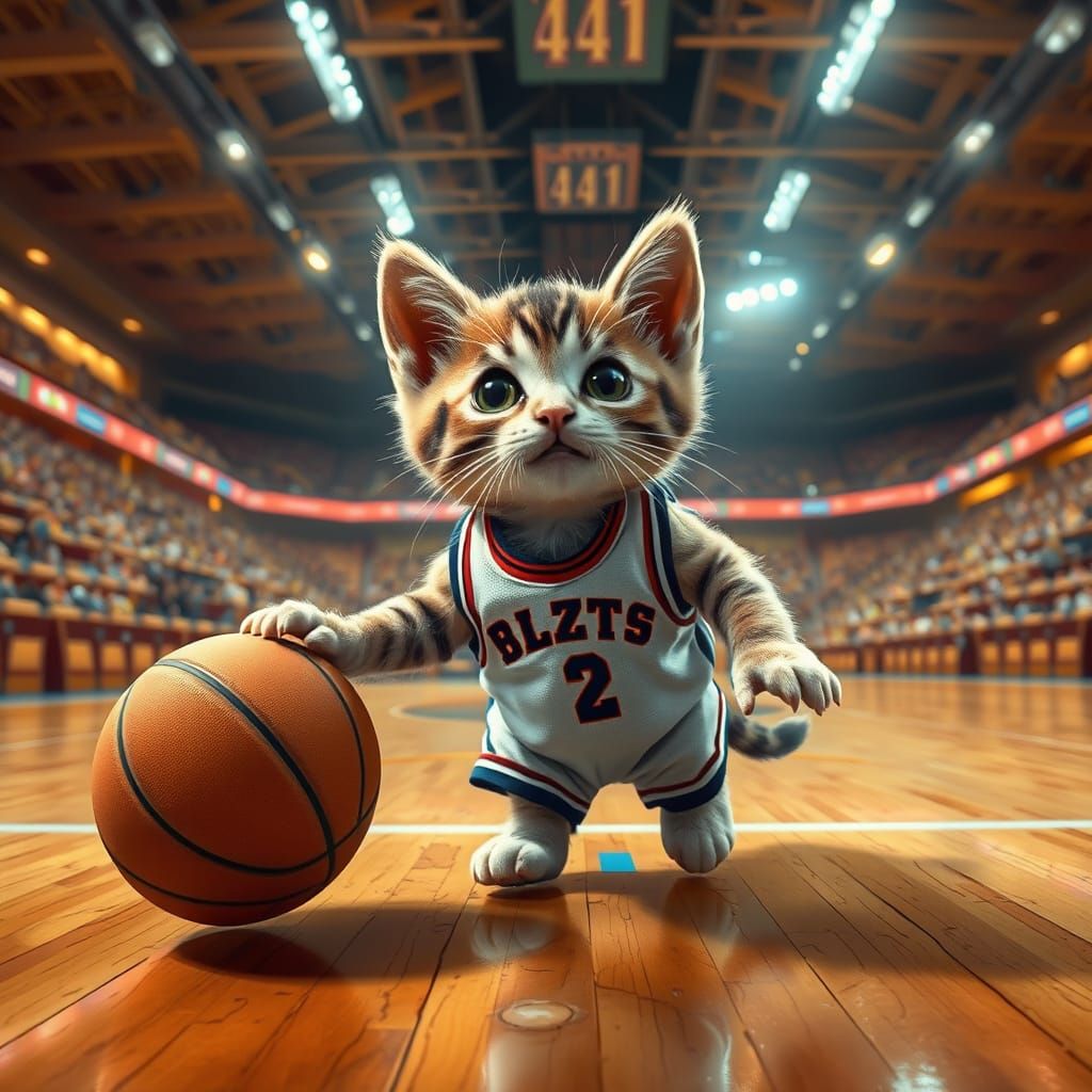 Cute Kitten Plays Basketball in Hyperreal Arena
