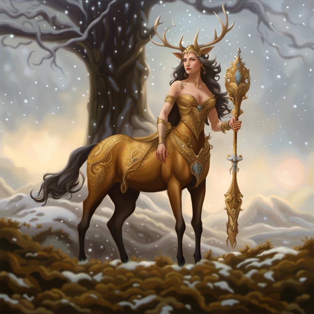 Fantasy Ice Fairy Centaur in Snowy Forest