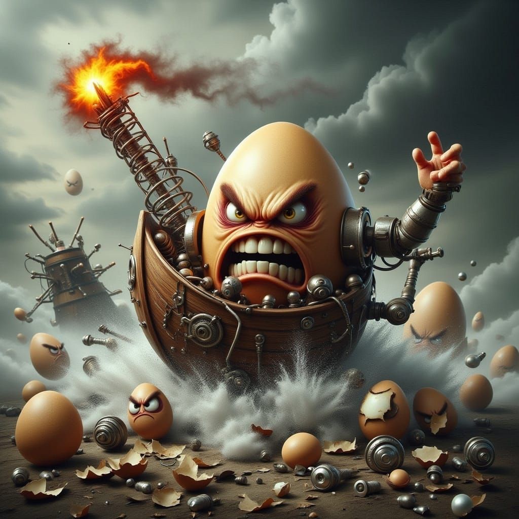 Egg Rides Viking Longboat in Steampunk Oil Painting