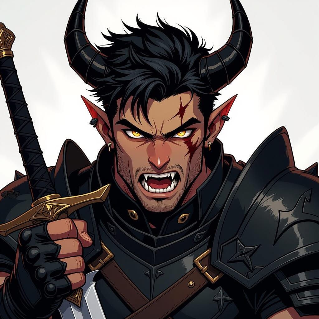 Muscular Tiefling Warrior Roaring in Anime Style