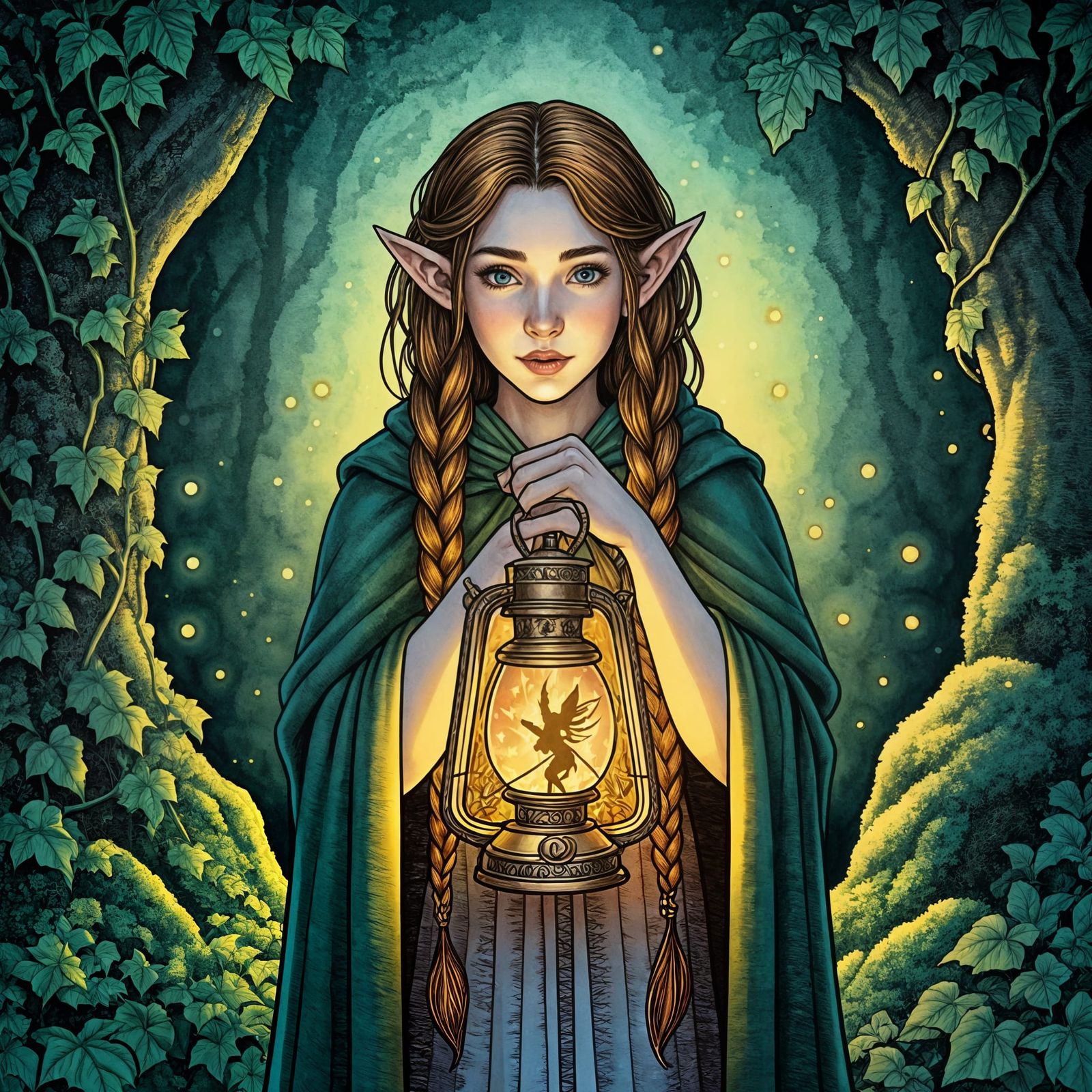 Elven Maiden with Luminous Lantern in Enchanted Forest