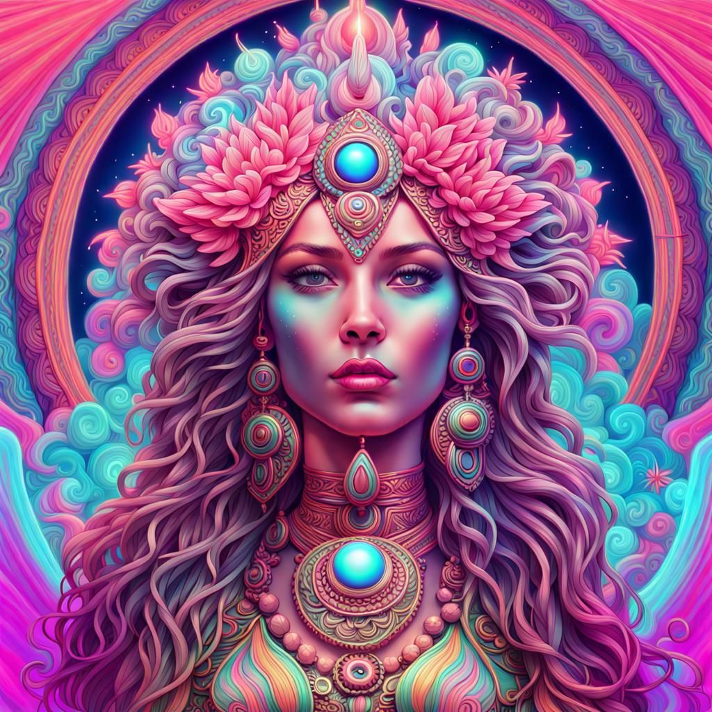 Neon Cosmic Hippie Goddess in Psychedelic Style