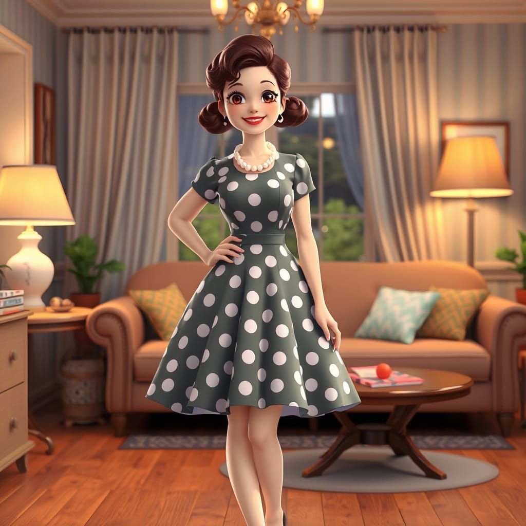 Charming 1950s Housewife in Polka Dots, Anime Style