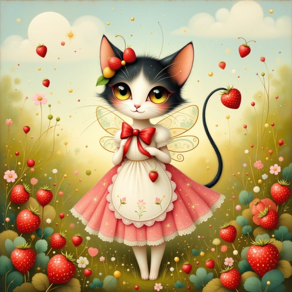 Strawberry Cat Fairy in Sunny Meadow