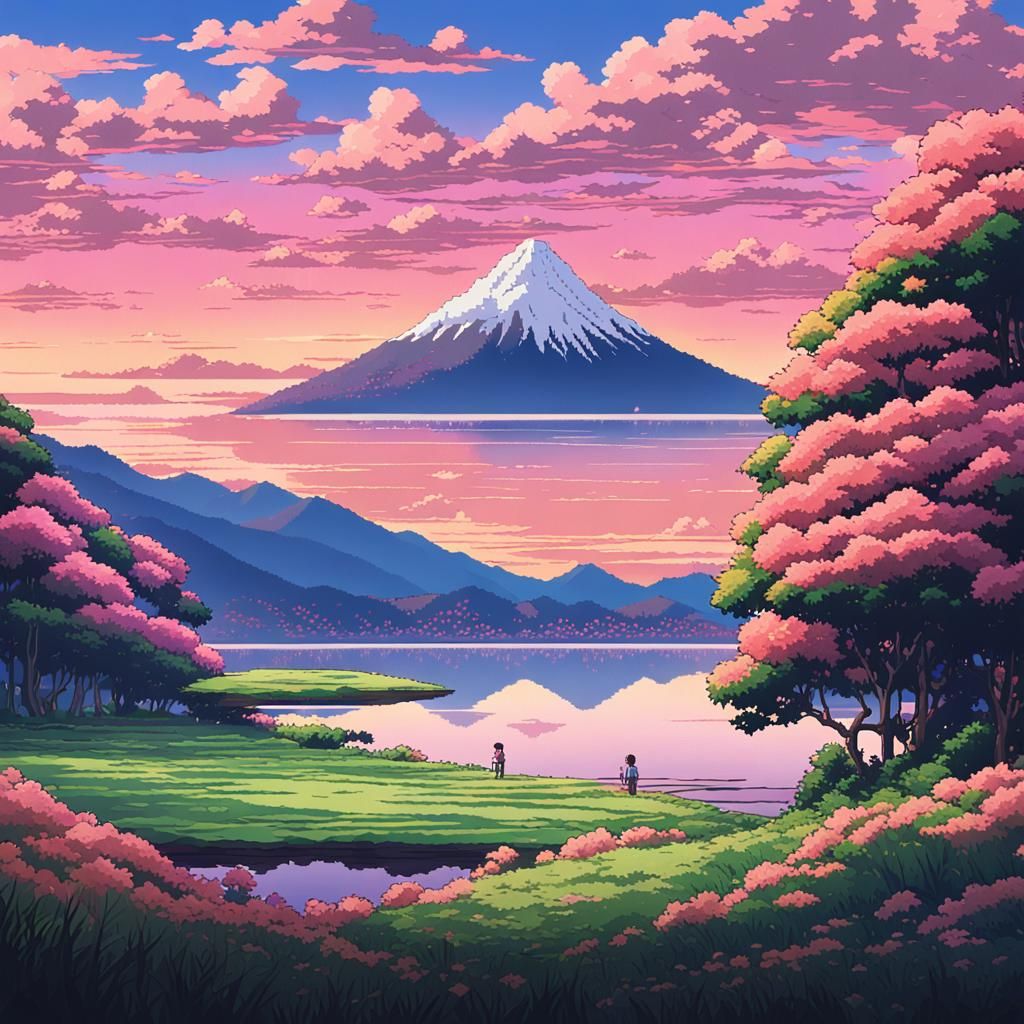 Pixel Art Sunset Landscape in Anime Style