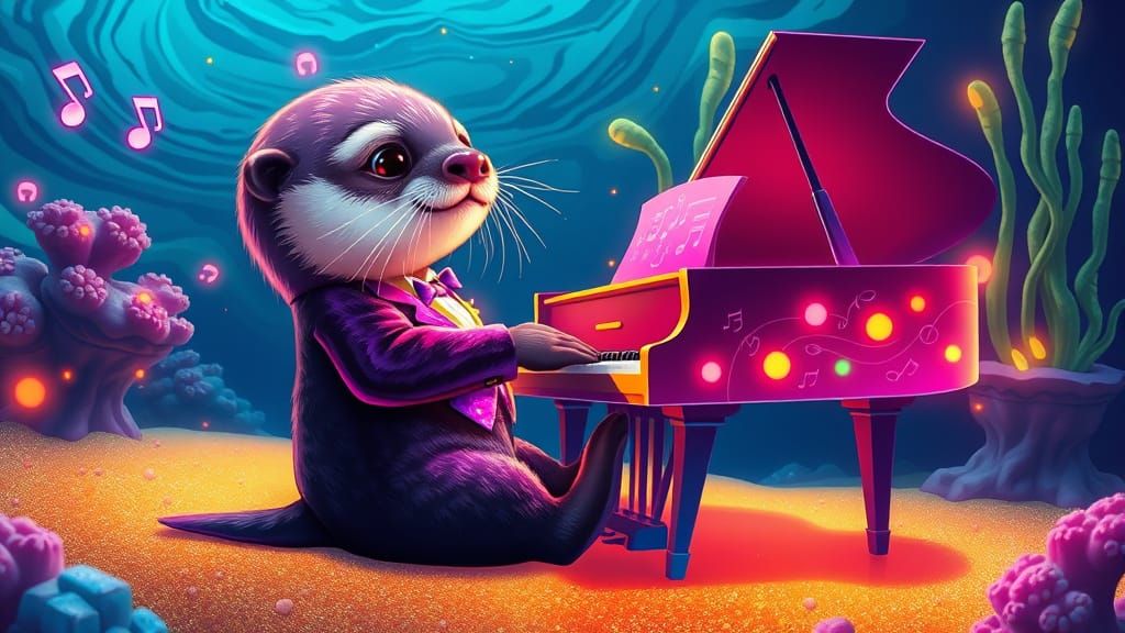 Whimsical Sea Otter Plays Grand Piano Under Neon Ocean