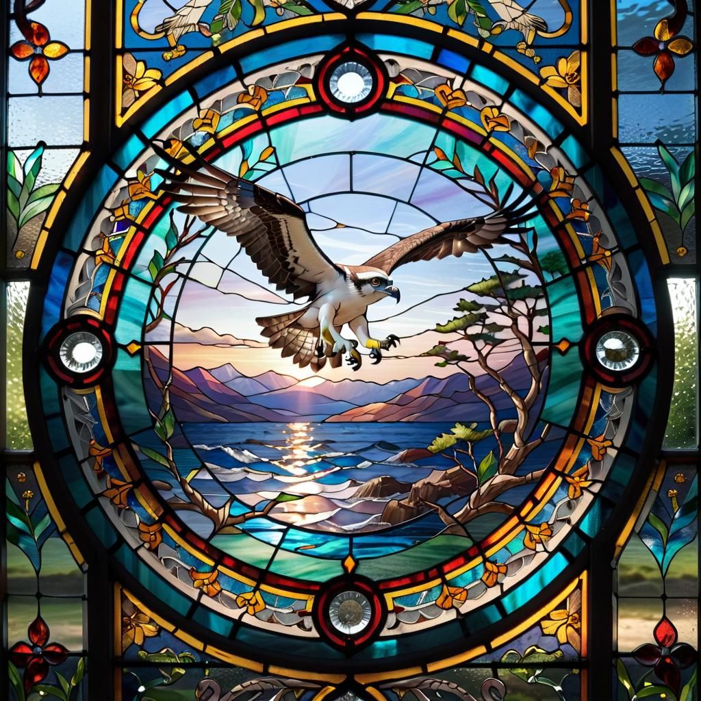 Osprey Soaring Through Stained Glass Window