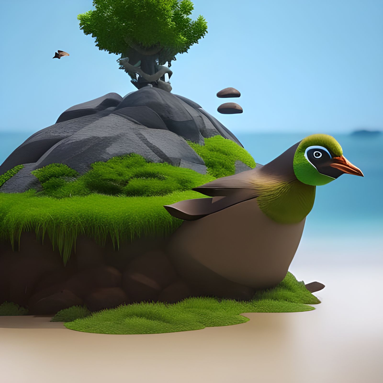 Hybrid A - Green rock island in hybrid penguin-turtle shape