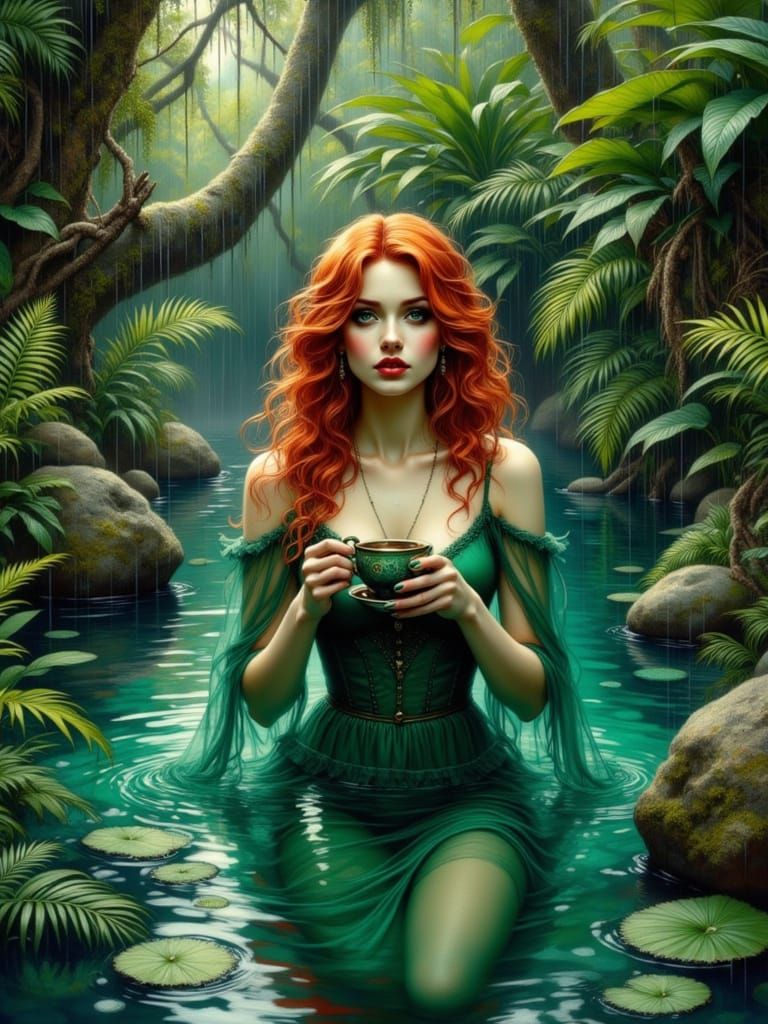 Gothic Woman in a Serene Forest Pool with Ferns
