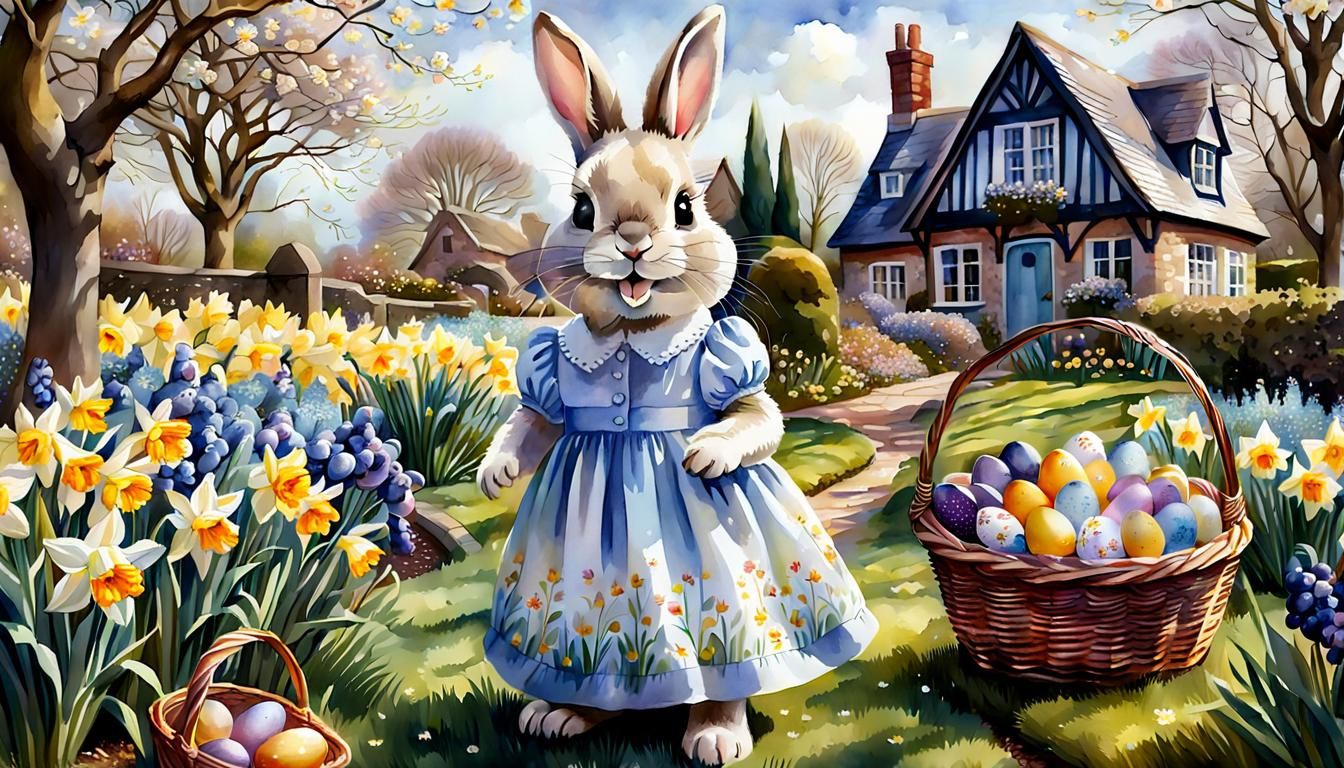 Watercolor Easter Bunny in a Spring Garden