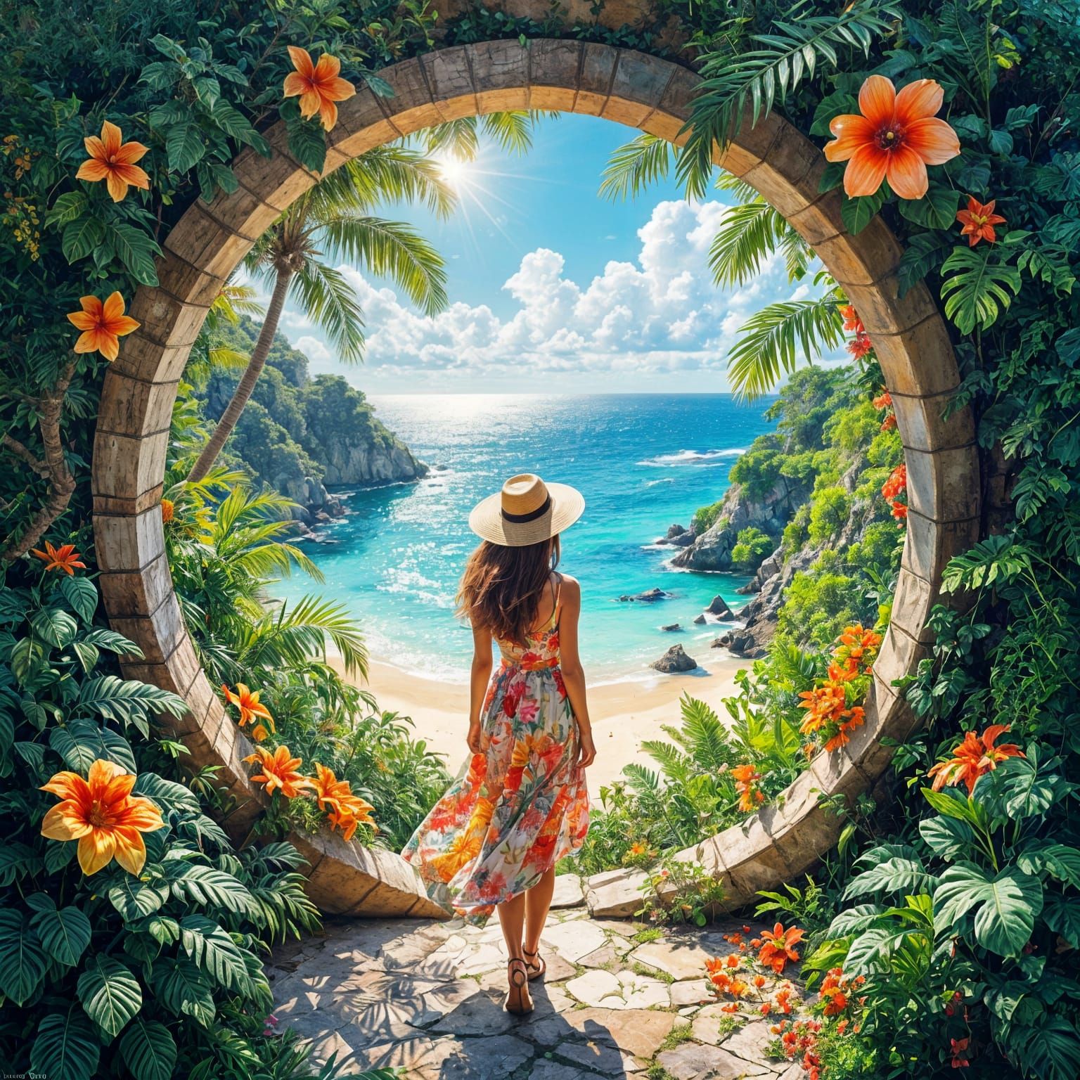 Tropical Portal Selfie: Gouache Impressionist Style