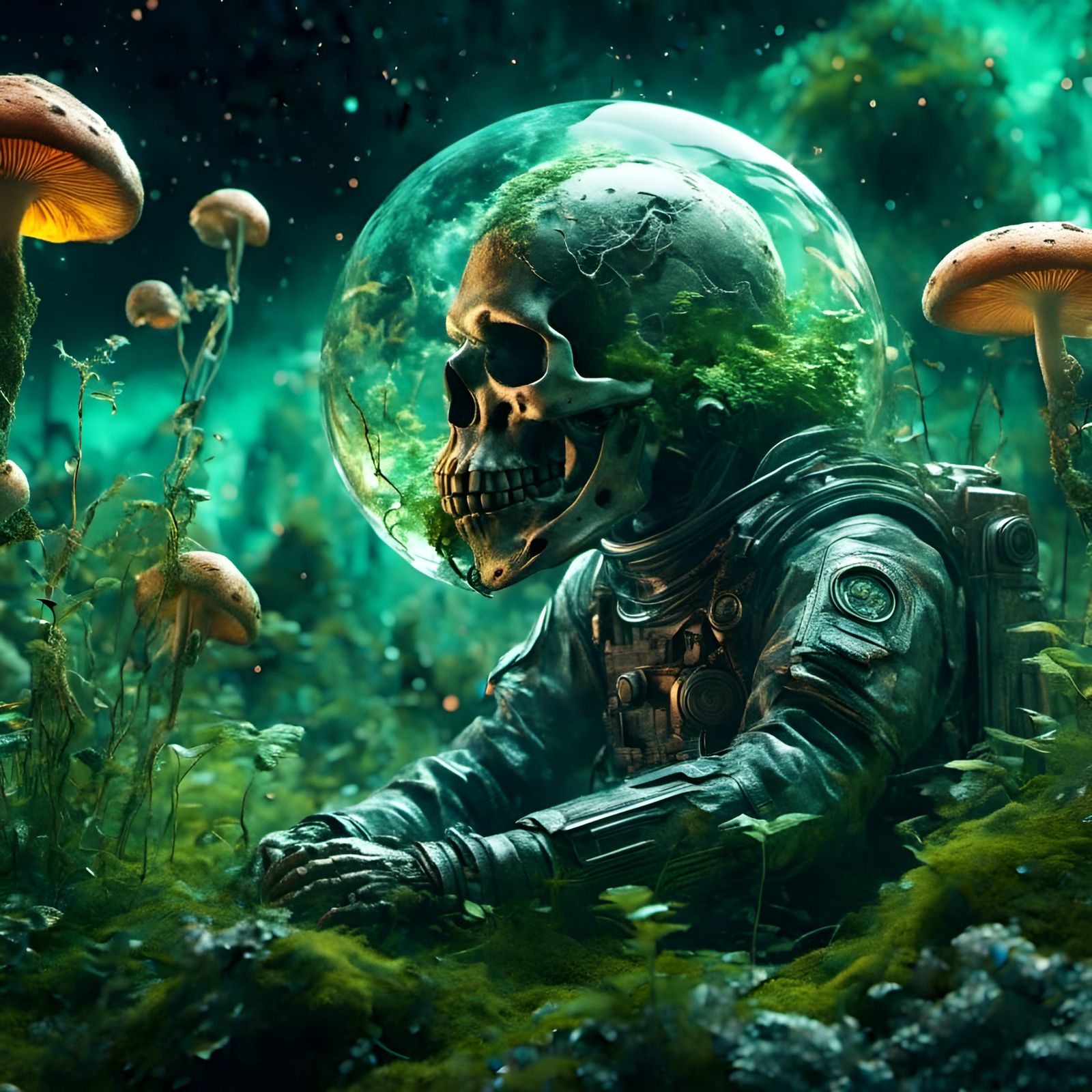 Astronaut Skull Cultivating Magic Mushroom on Alien Planet
