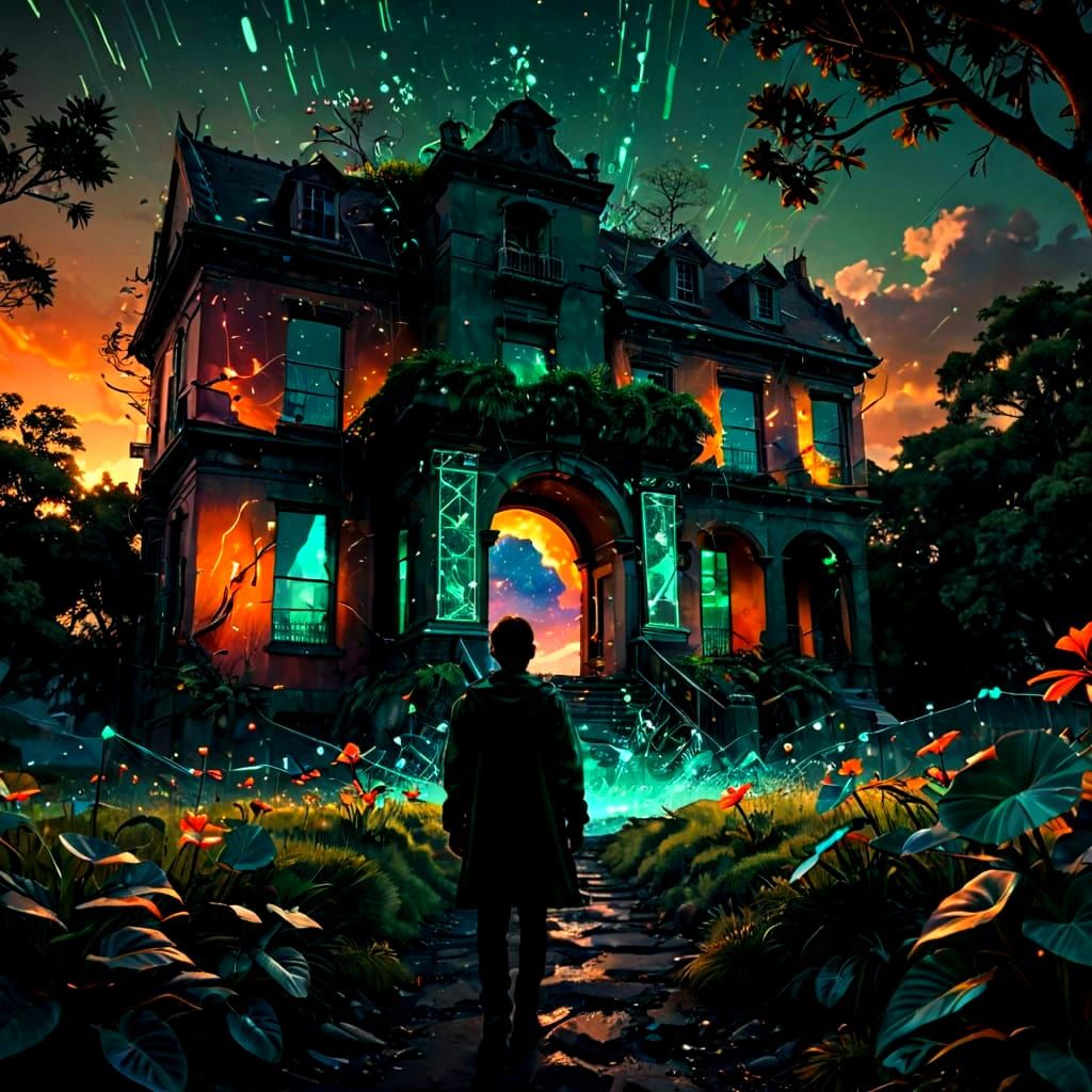 Ethereal Sunset Silhouette in Cyberpunk Twilight