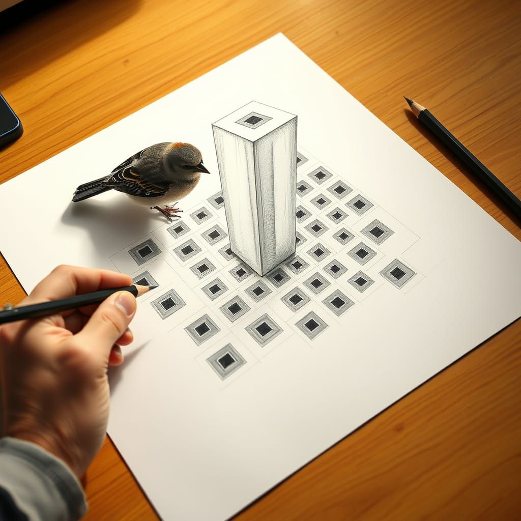 Escher-Style Pencil Drawing of Cube Tower with Sparrow