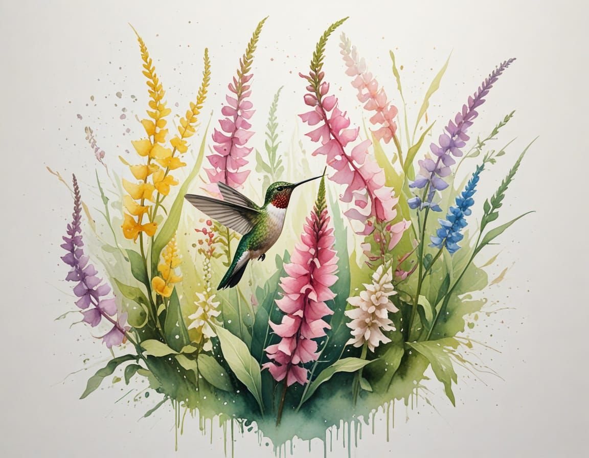 Hummingbird and Foxgloves in Golden Sunlight